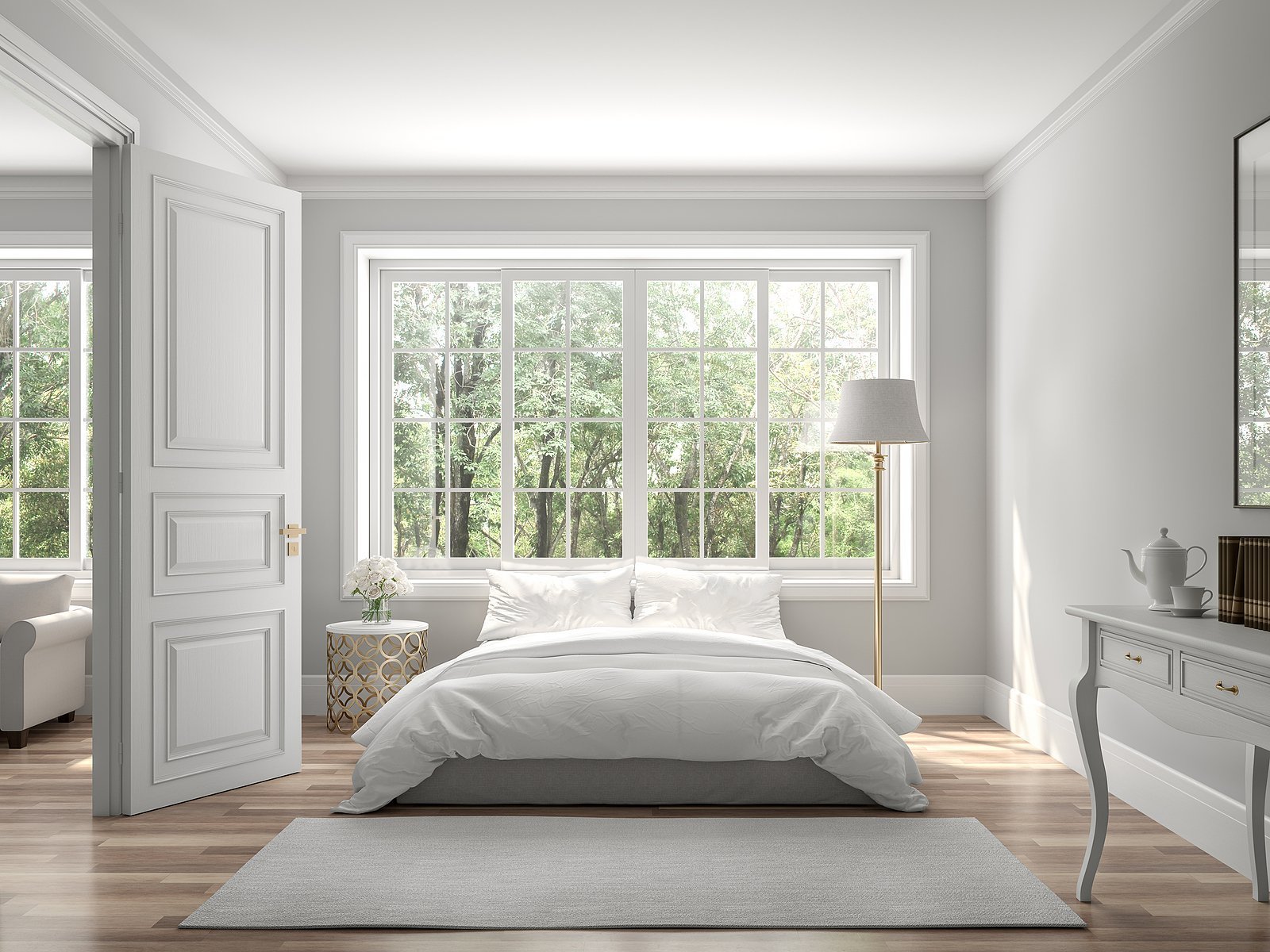 Bedroom with large windows over the bed